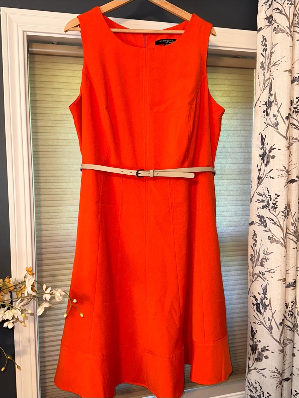 Salmon/Coral Sleeveless A-Line Dress with Slim Neutral Belt